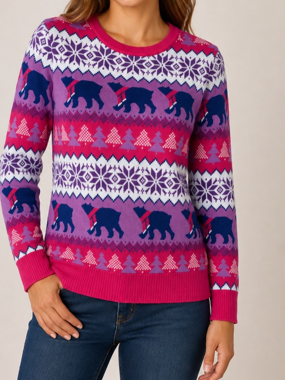 Holiday Lane Pink Polar Bear Fair Isle Christmas Sweater Women’s Size XL